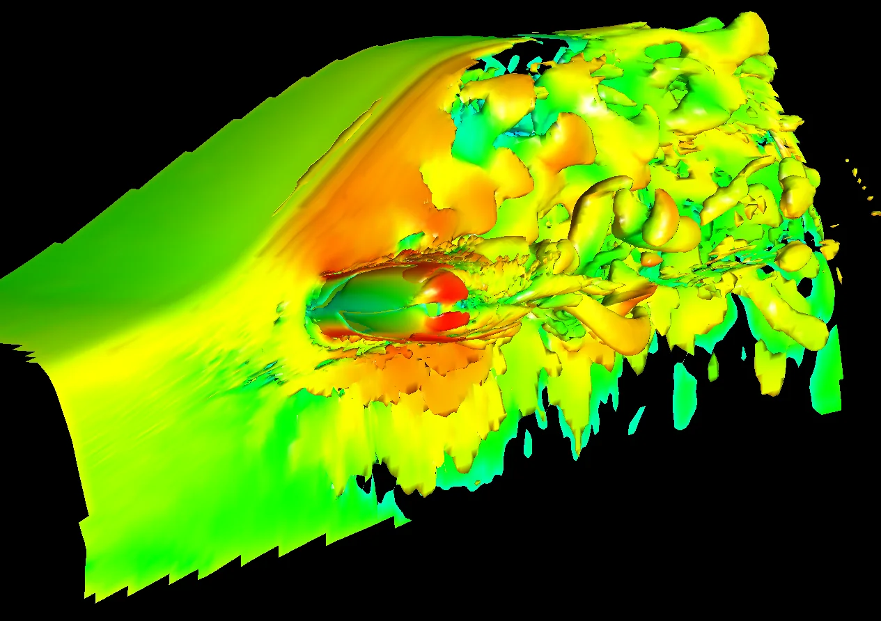 Turbulent structures in the wake of a car side mirror, a source of aerodynamic noise.
