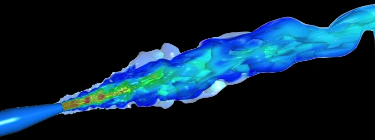Turbulent structures in a free jet at a nozzle exit.