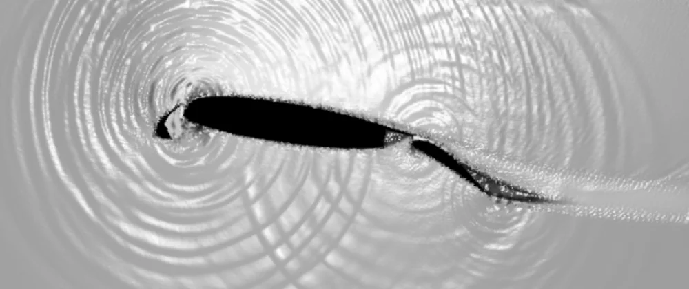 Acoustic pressure waves generated by a high-lift wing configuration (trap wing).