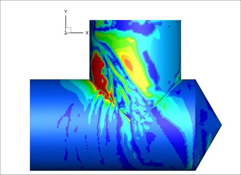 Mapa de erosão em uma junção de dutos de produção de óleo, calculado com CFD