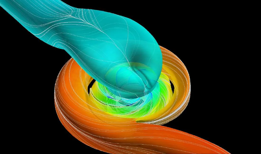 Colored streamlines through the volute and impeller of a water pump.