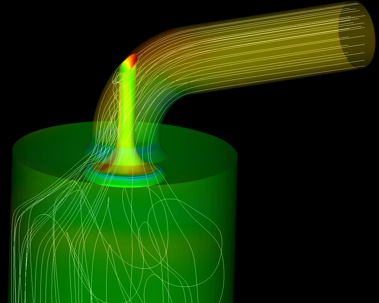 Streamlines in the intake port and cylinder of an internal combustion engine.