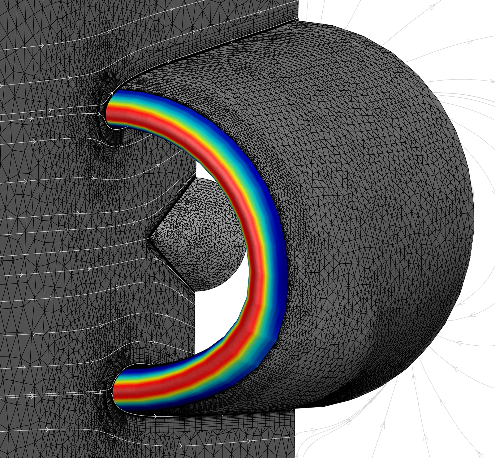 Droplet impingement on the inlet lip of an engine nacelle, with streamlines and surface mesh.