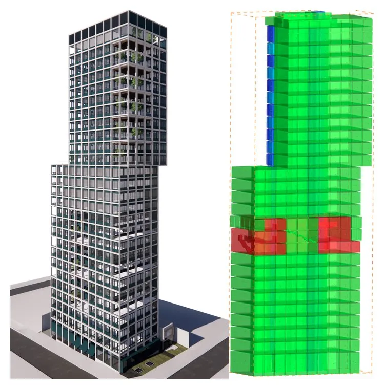 Rendering of a tall building and the CFD model of its floors