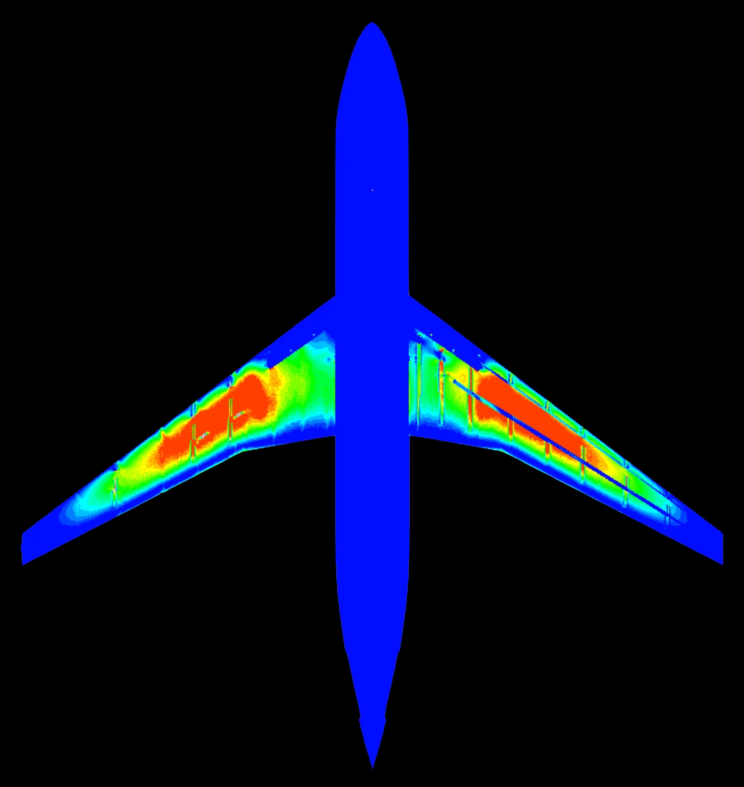 Structural result contours on the wings of a full aircraft model.