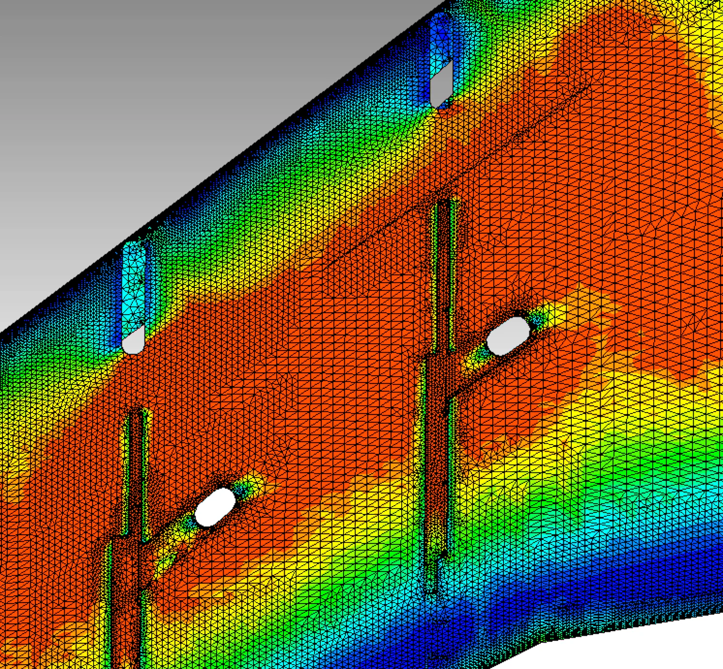 Linear statics: stress contours on the internal structure of a wing (CRM reference aircraft model).