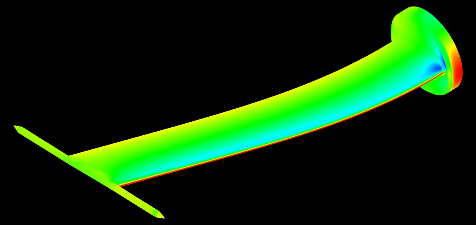 Wing model with an end plate colored by a coupled fluid-structure analysis result.