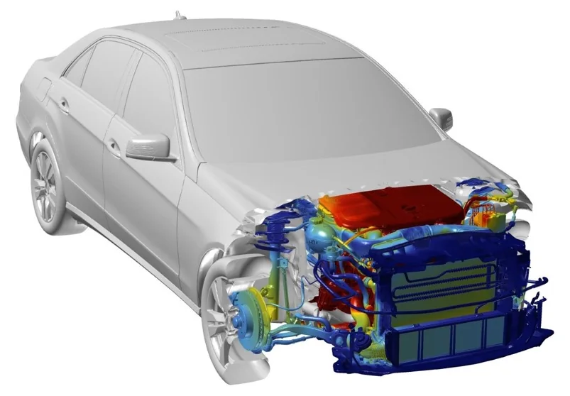 Componentes do compartimento do motor de um automóvel coloridos por temperatura.