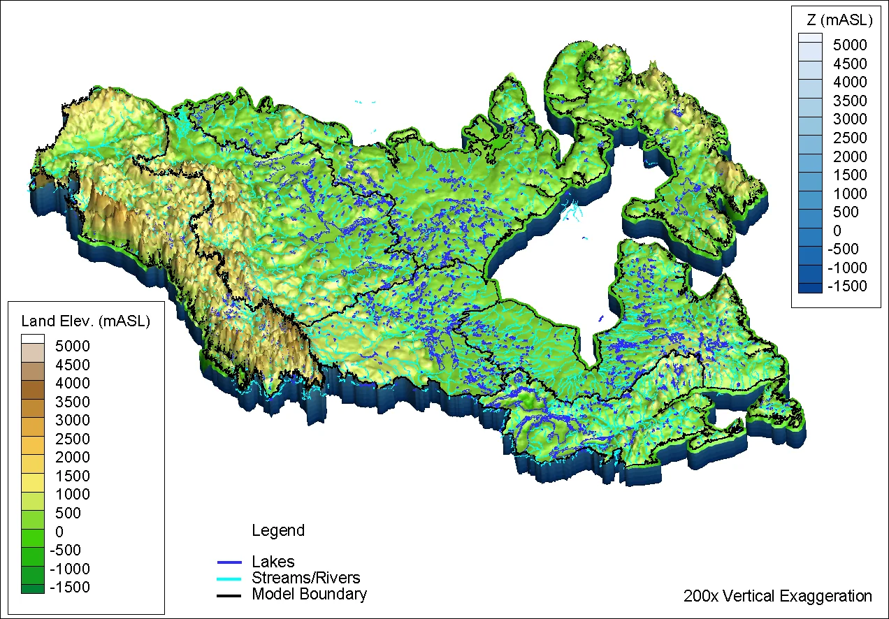 Superfície 3D de elevação do terreno com lagos e rios (exagero vertical de 200 vezes).