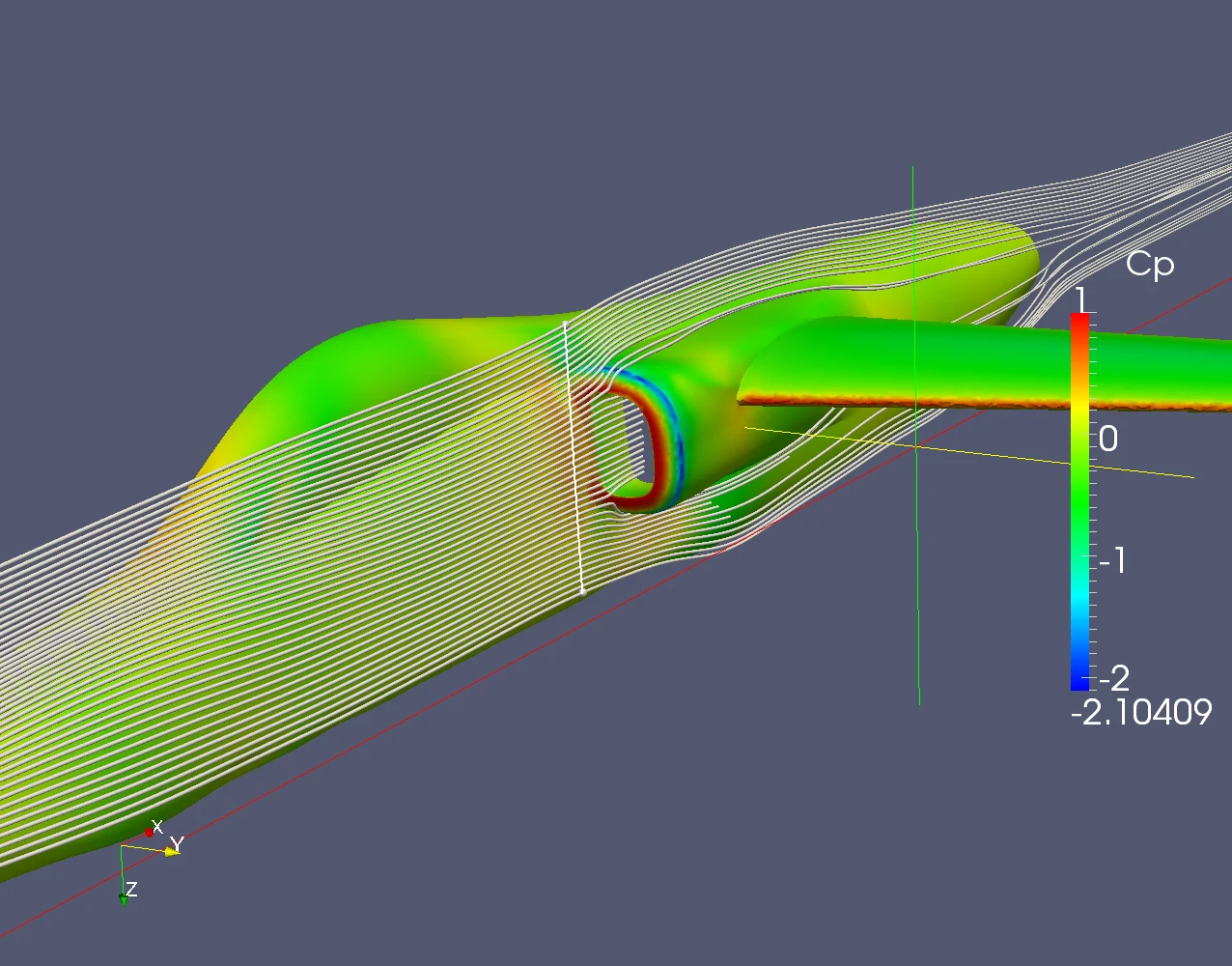 Cp and streamlines at the engine inlet and effect on the wing