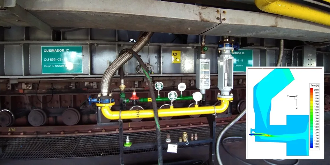 Protótipo instalado e CFD do queimador de forno de pelotização